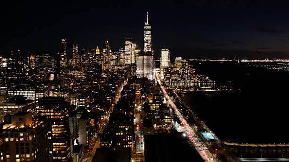 A financial district at night